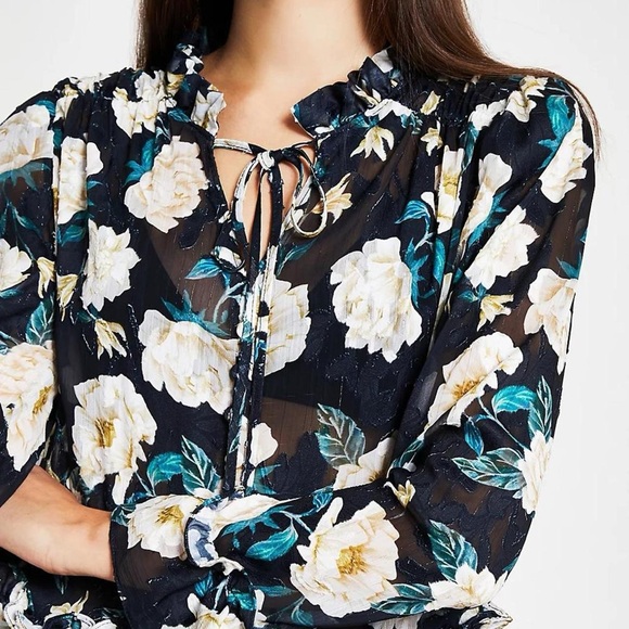 River Island Long Sleeve Black Floral Blouse, Tie, Ruffle Hem, Sheer | Sz 12 - Picture 2 of 5